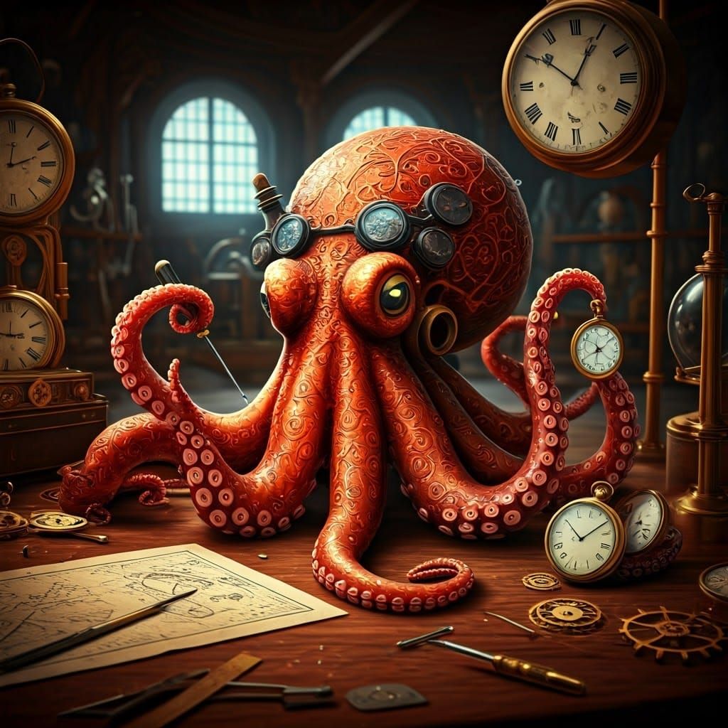 Steampunk Octopus Clockmaker in Victorian Workshop