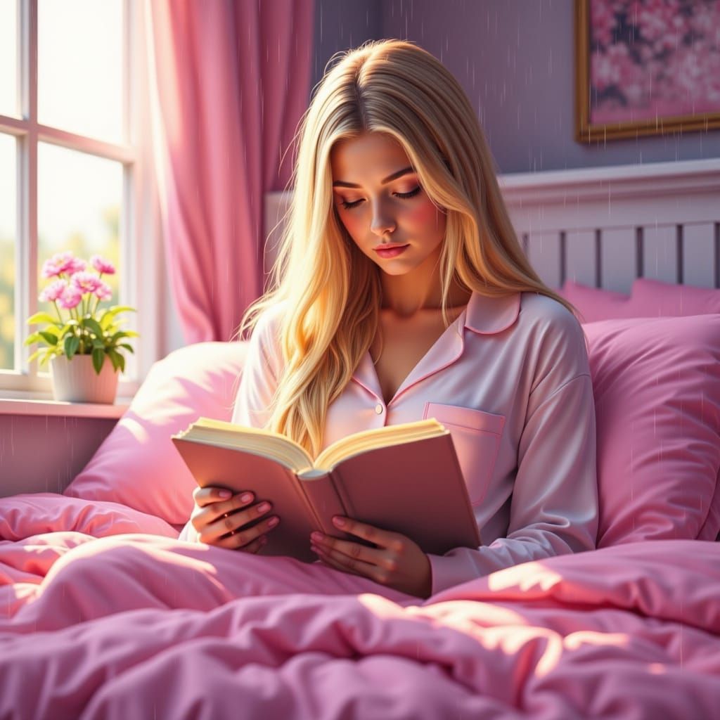 Girl Reading in Pajamas on Bed, Soft Colors, Realistic Style