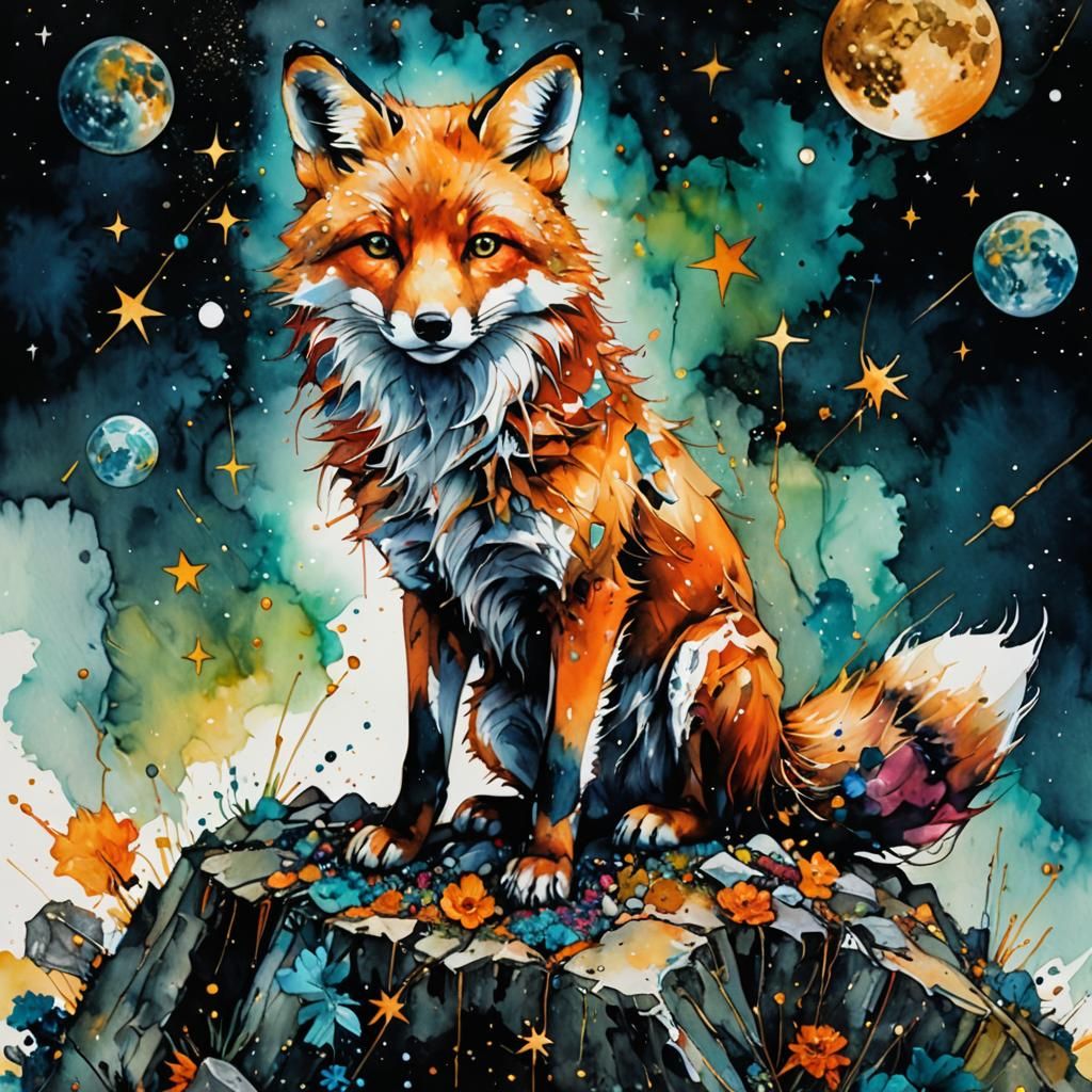 Whimsical Fox Sits Regally on Asteroid Amidst Vibrant Stars