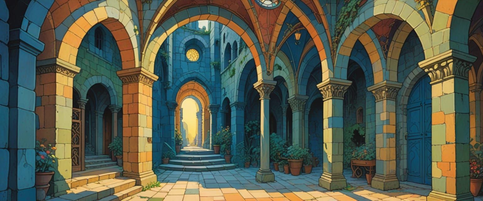 Mysterious Monastery Passageway in Comic Book Style