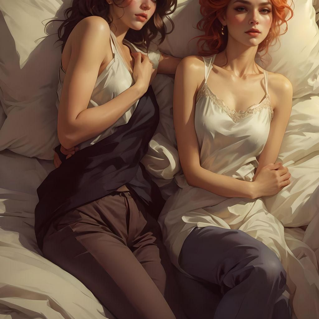 Sultry Lesbian Duo in Bed, Rendered in Unreal Engine 5