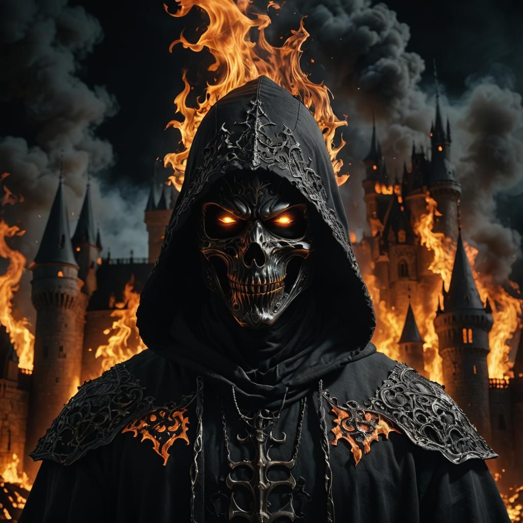 Gothic Dark Creature with Glowing Eyes in Flames