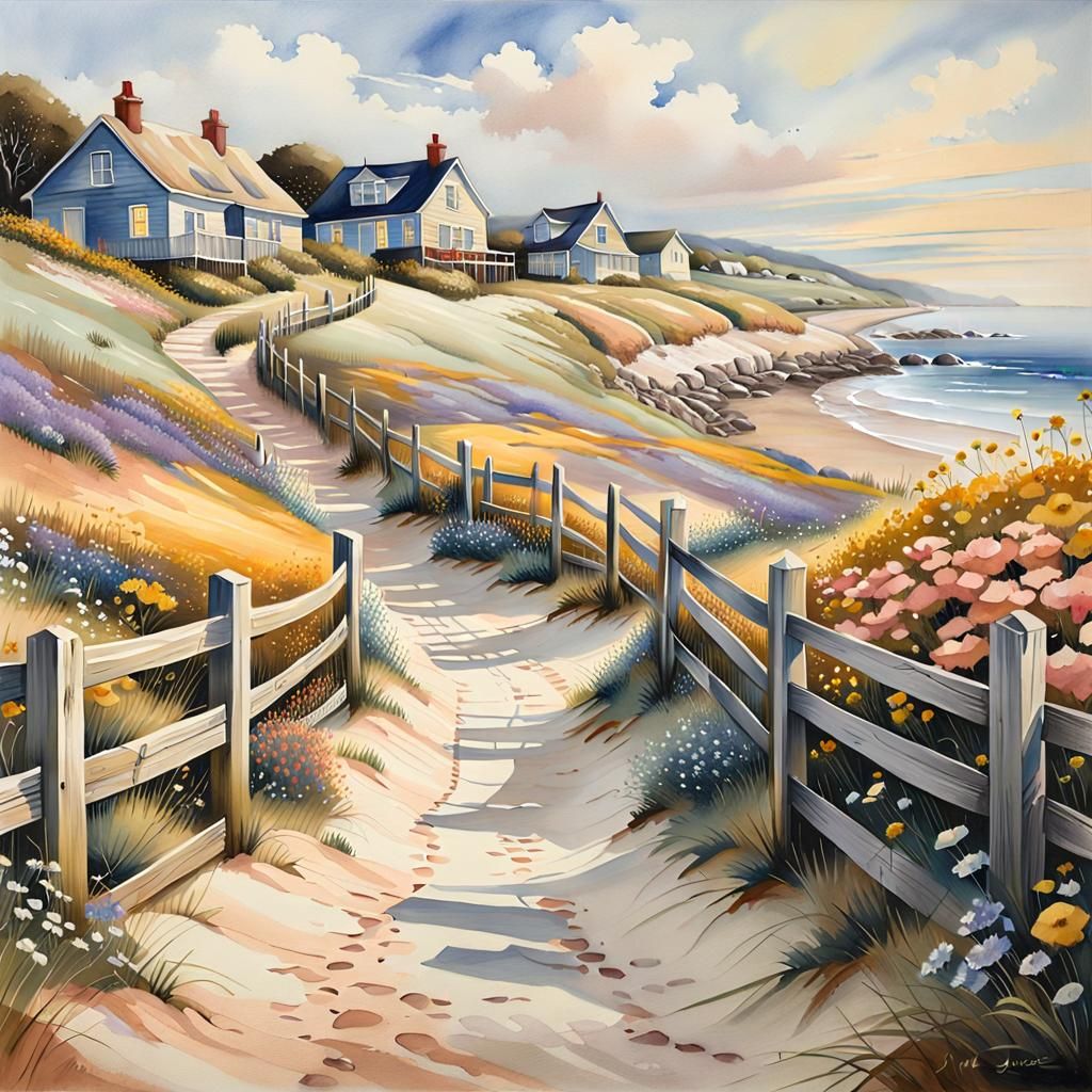 Dreamy Coastal Escape in Vibrant Watercolor Style