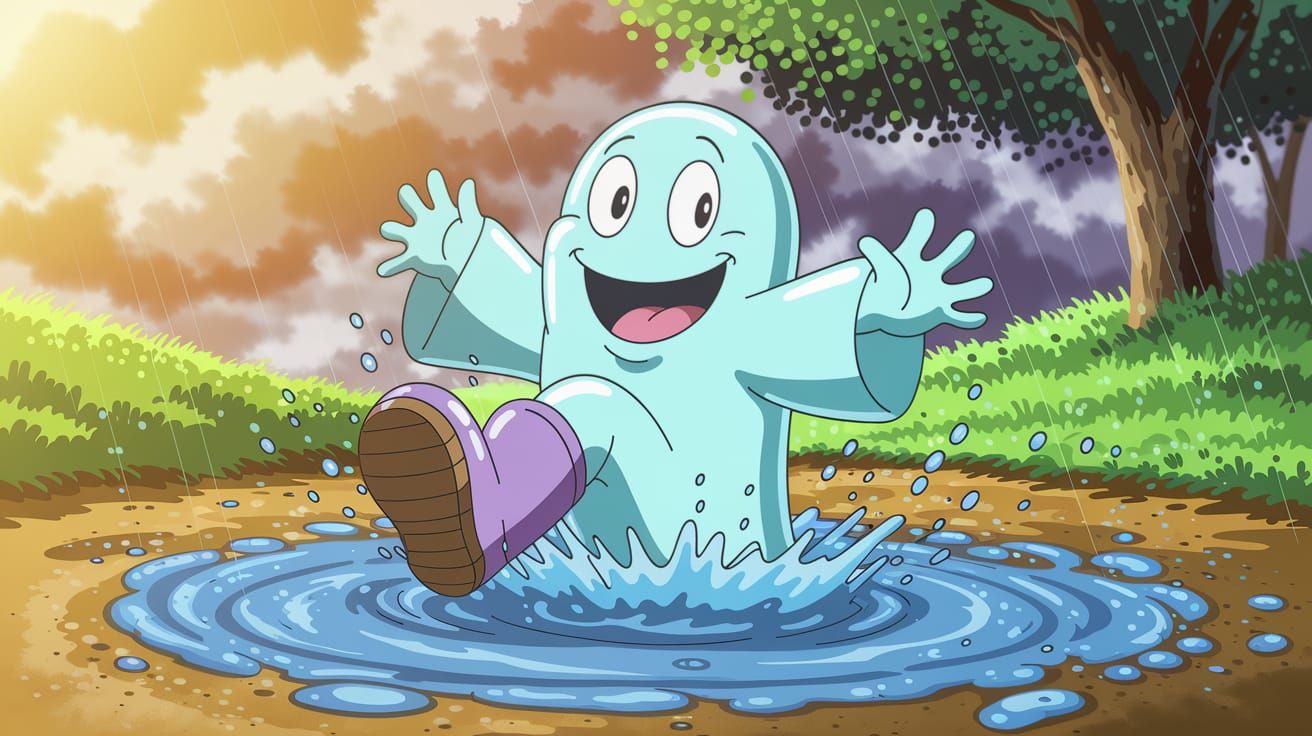 Joyful Cartoon Ghost Splashing in Post-Storm Puddle