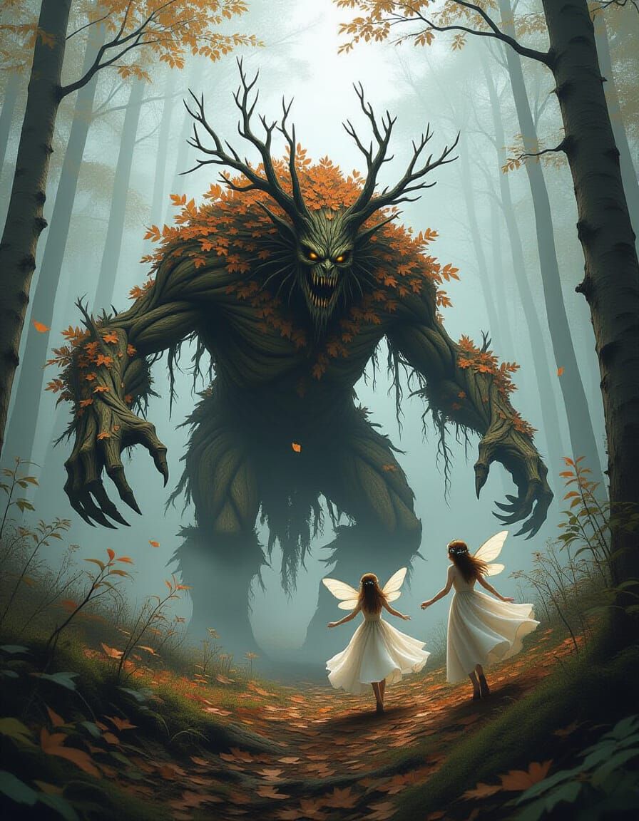 Russian Forest Monster Chasing Fairies in Ethereal Landscape