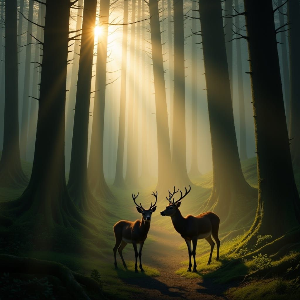 Golden Sunrise Over Foggy Forest with Deer
