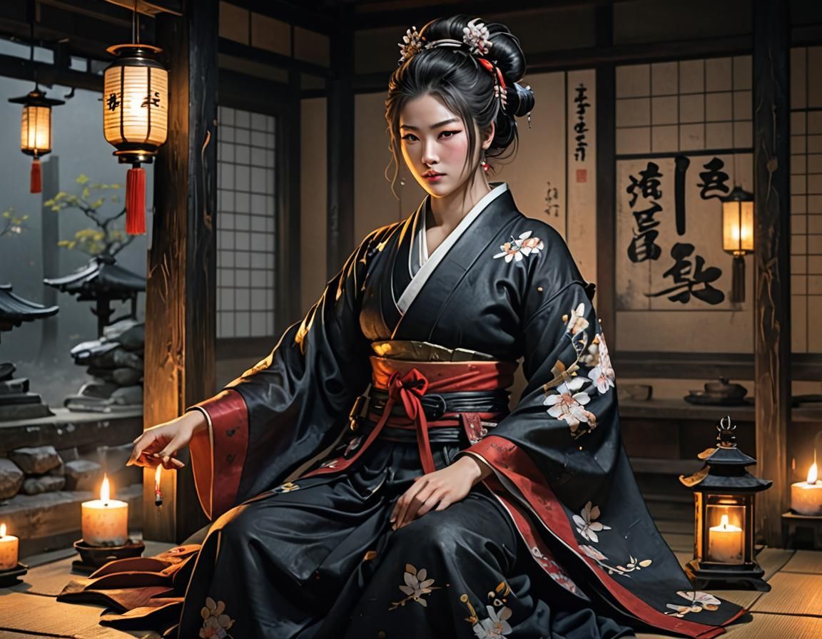 Surreal Japanese Shogun Goddess Embracing Cyberpunk Japanese...