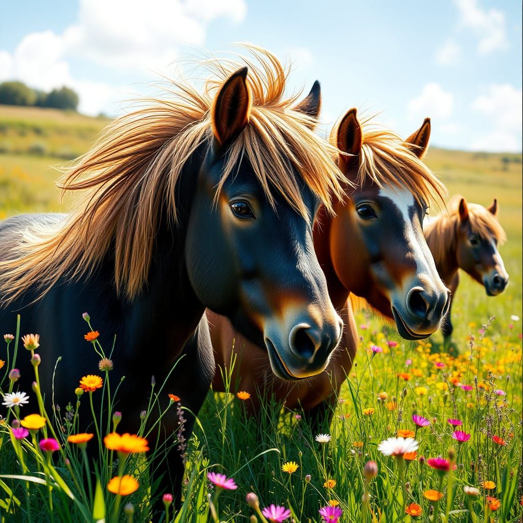 Hyperrealistic Shetland Ponies in Windswept Meadow