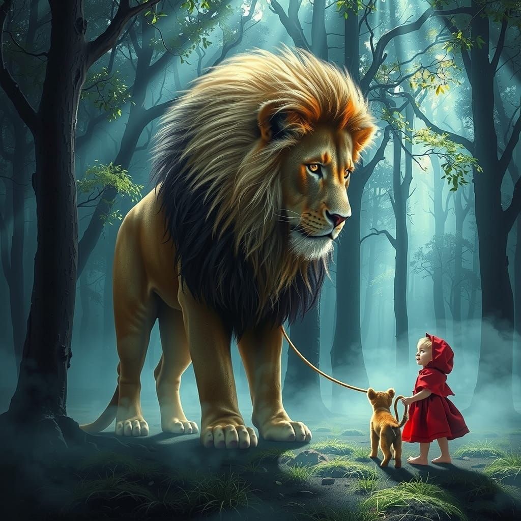 A Majestic Lion and Little Red Riding Hood in a Mystical Woo...