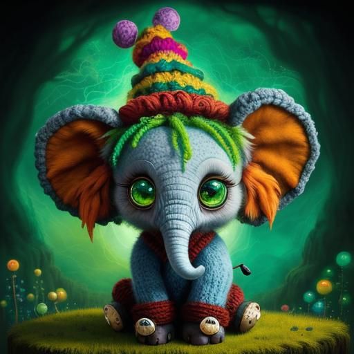 Whimsical Wooly Baby Elephant in a Vibrant Surreal Scene