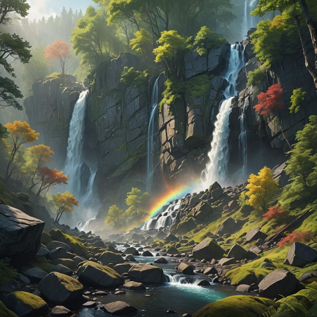 Epic Woodland Waterfall in a Vibrant Rainbow Haze