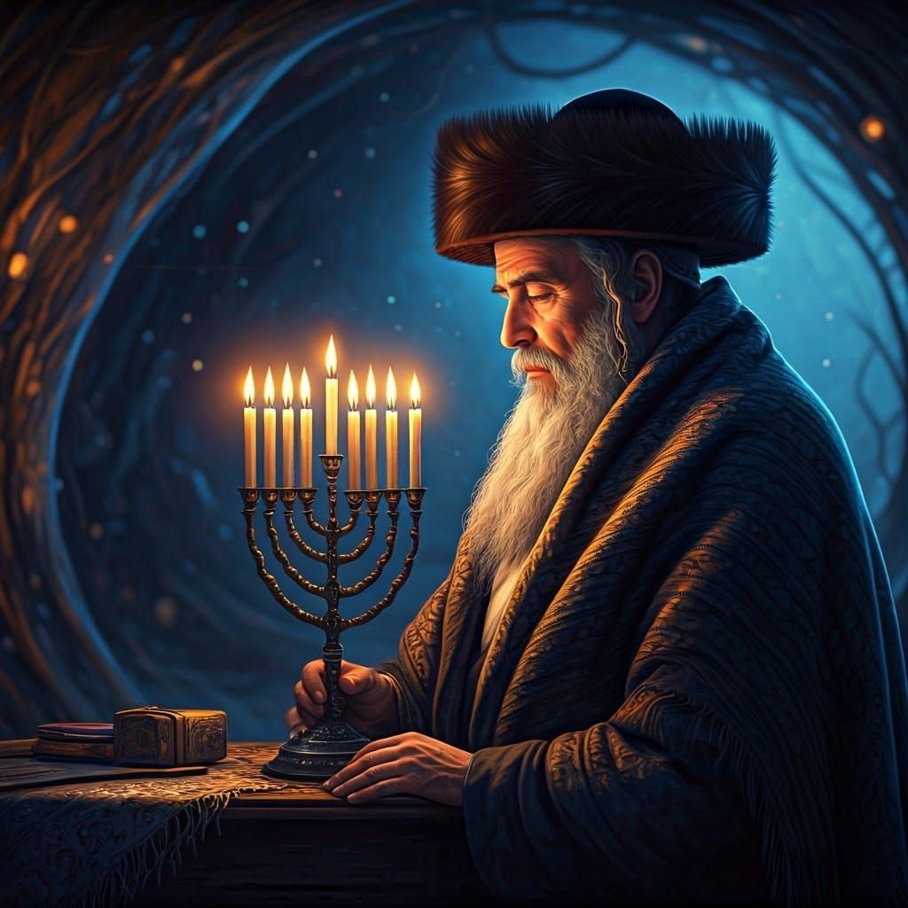 Serenely Lighting Hanukkah Candles Under a Starry Night Sky