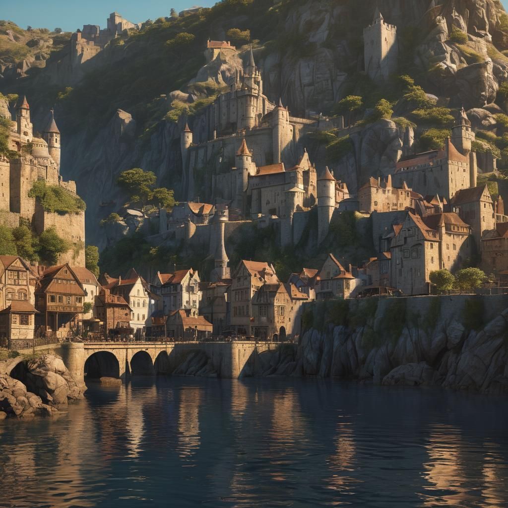 Medieval Seaside Fantasy Town Rises from the Cove in Golden....