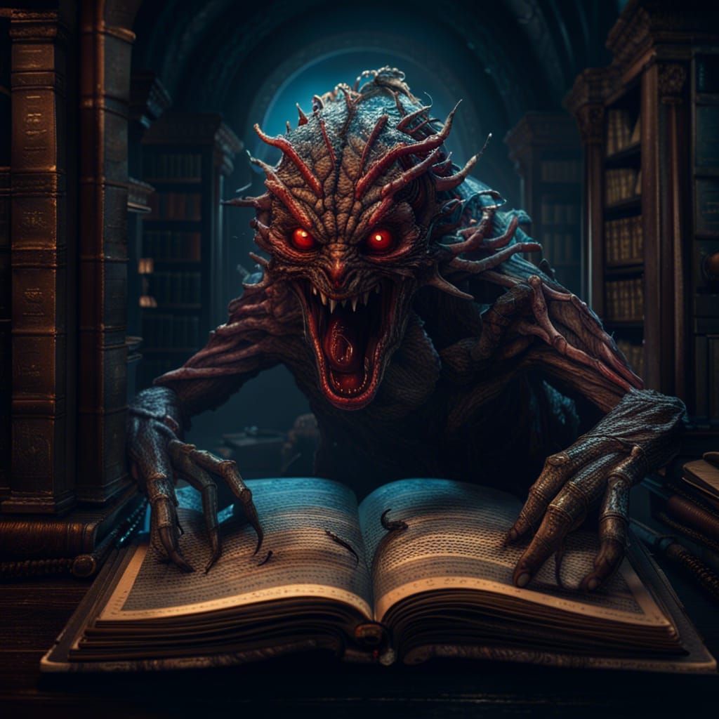 Crawling Horror Emerges from Ancient Tome in Moonlit Library