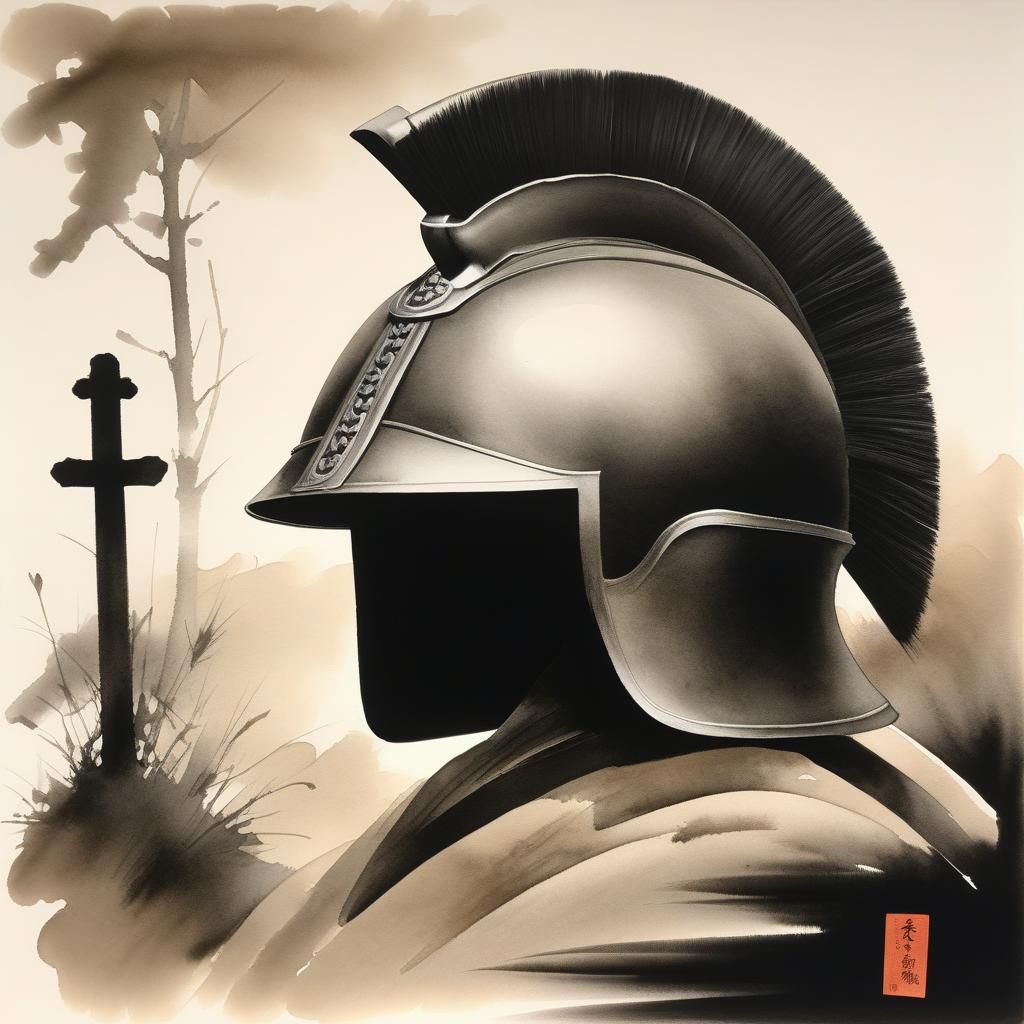 Warrior's Helmet in Ink and Wash Painting