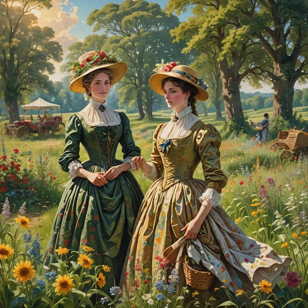 Romantic Regency Garden Scene in Vibrant Oil Painting Style