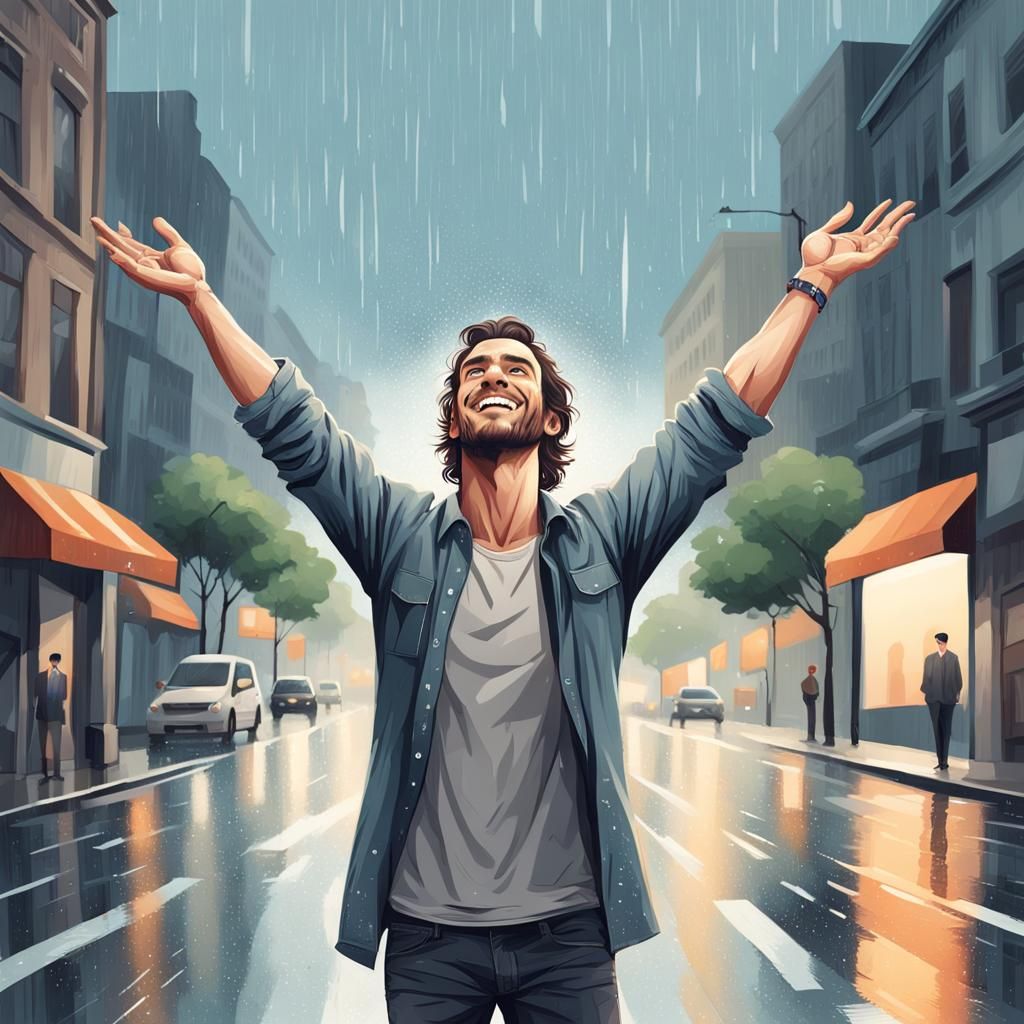 Surreal Portrait of Man in the Rain, Blending Realism and Mi...