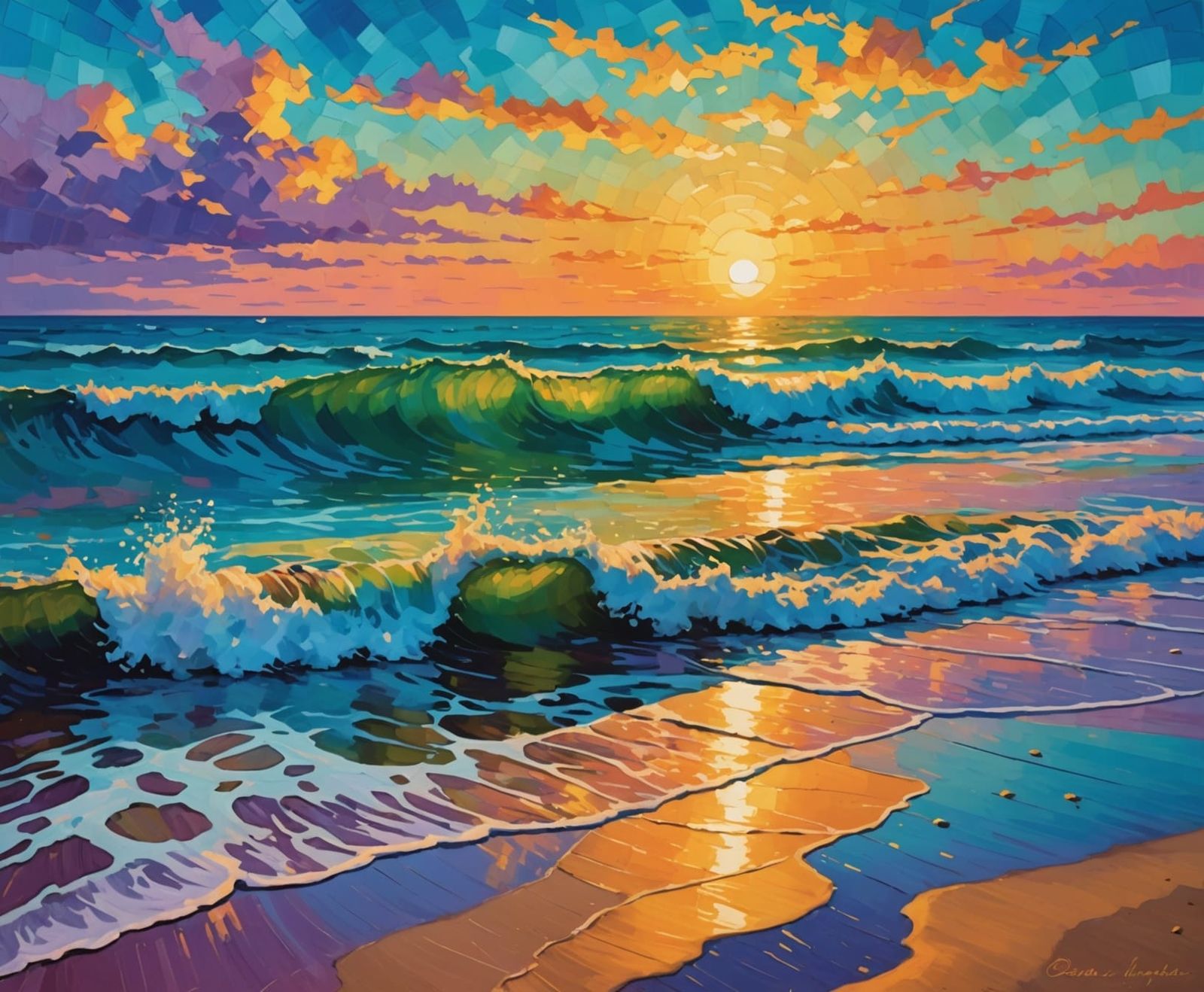 Golden Beach Scene in Impressionist Style