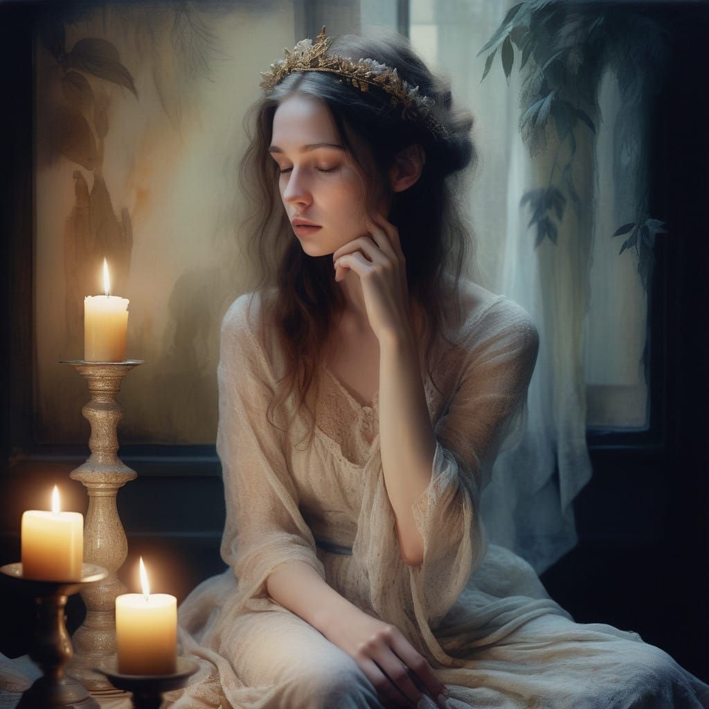 A Contemplative Woman in Vintage Watercolour