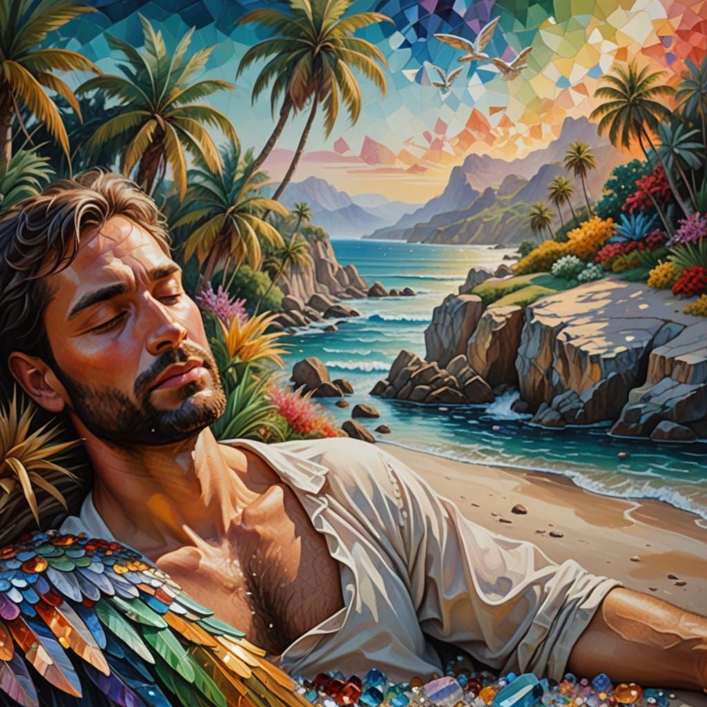 Dreamlike Cove: Surreal Oil Painting with Crystal Angels