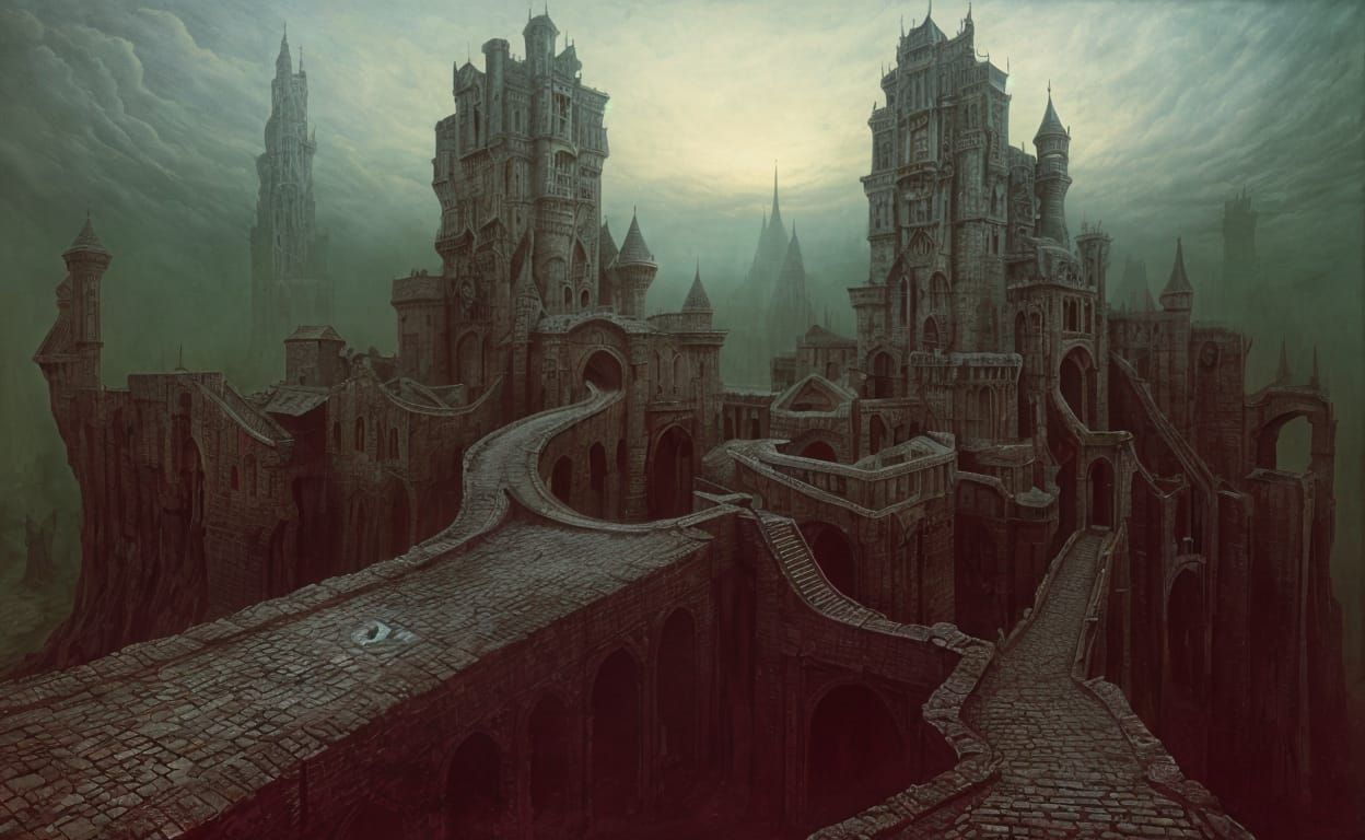 Surreal Castle with Drawbridges in Dreamlike Landscape