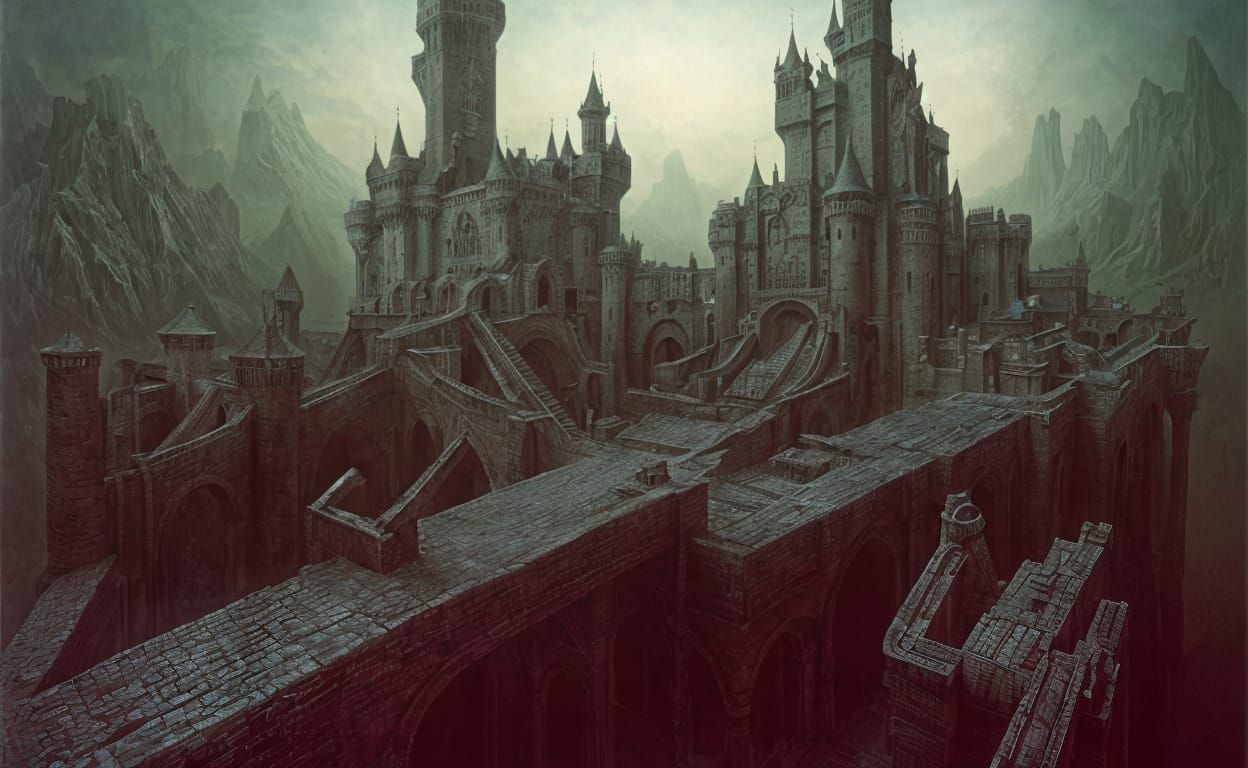 Surreal Castle with Drawbridges, Dreamlike Landscape