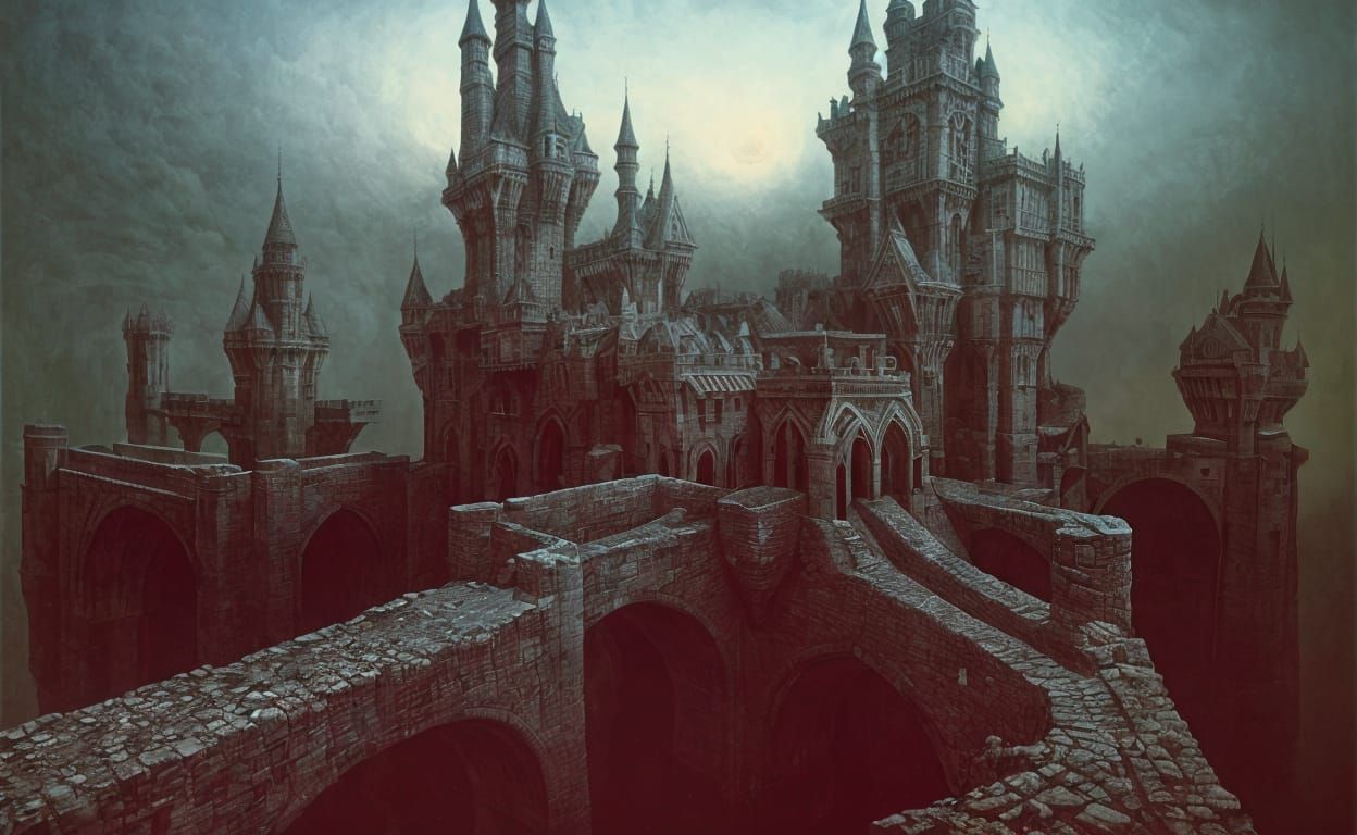 Surreal Castle with Drawbridges: Dark Dreamscape
