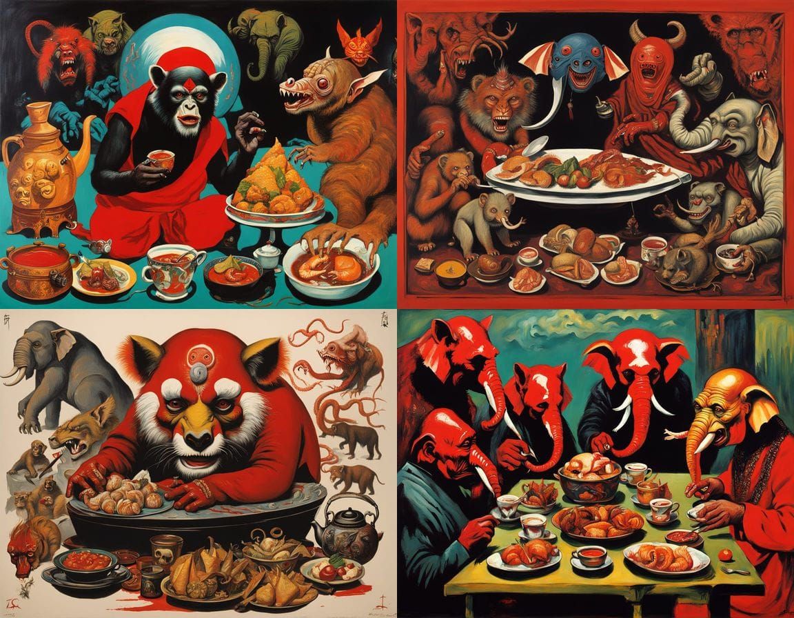 Surreal Art Deco Horror Scene: Mutant Homunculus in Tea Cere...