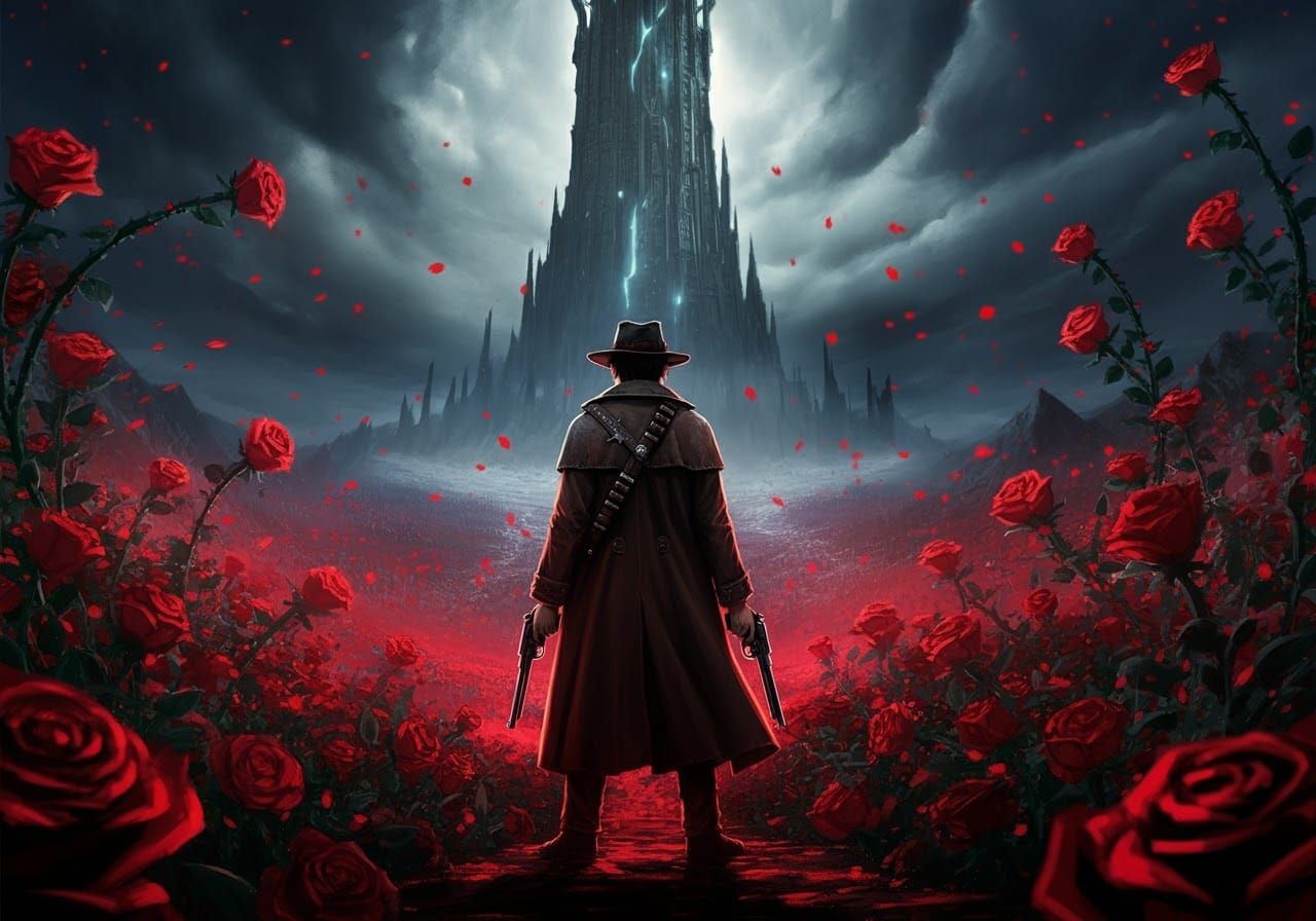 Gunslinger Stands Resolute Before the Ominous Dark Tower