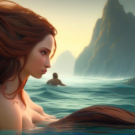 Mermaid and Human Conversation: Detailed Fantasy Art