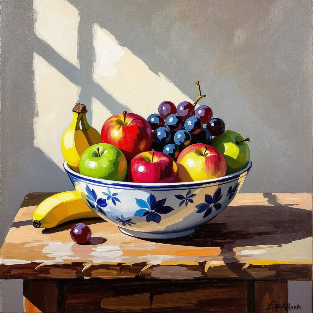 Black and White Still Life: Fruit Bowl on Rustic Table