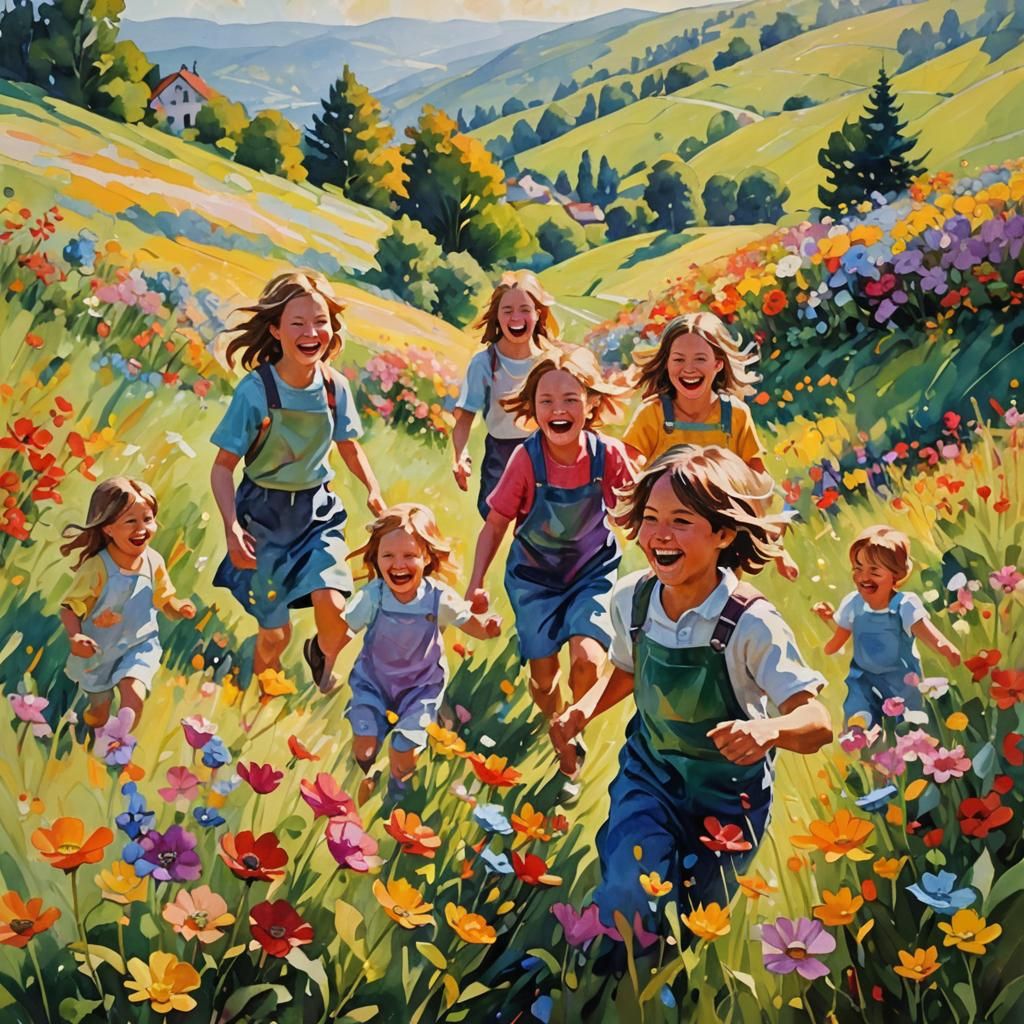 Vibrant Impressionist Masterpiece of Joyful Hillside Scene