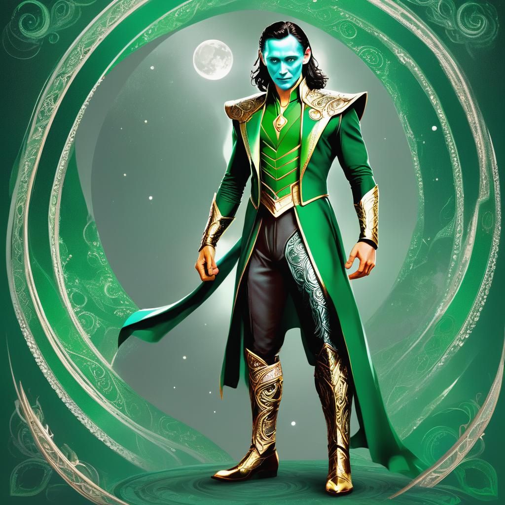 Loki Poses in Emerald Green and Silver Regalia Amidst Celest...