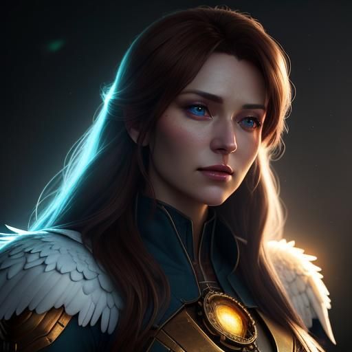 Lifelike Angel Woman in Golden Glow