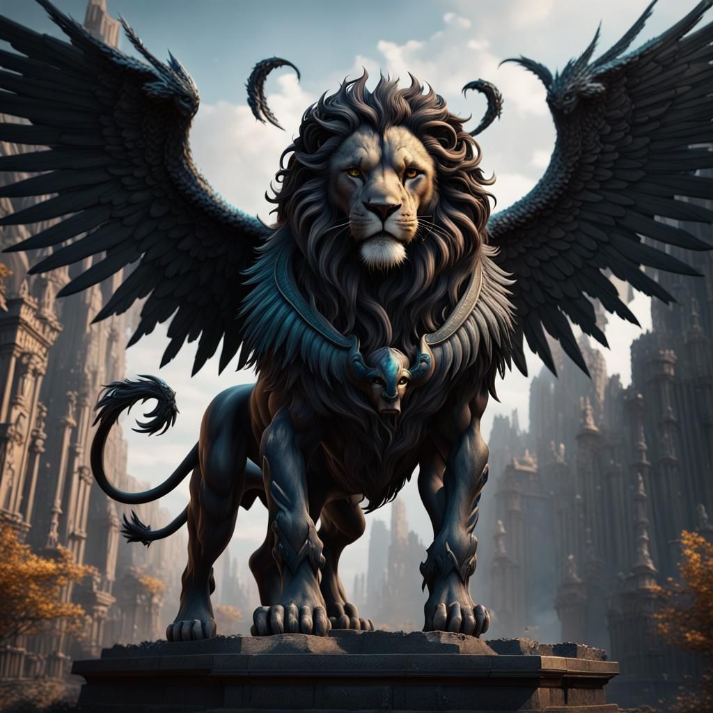 Majestic Dark Fantasy Lion with Angelic Wings