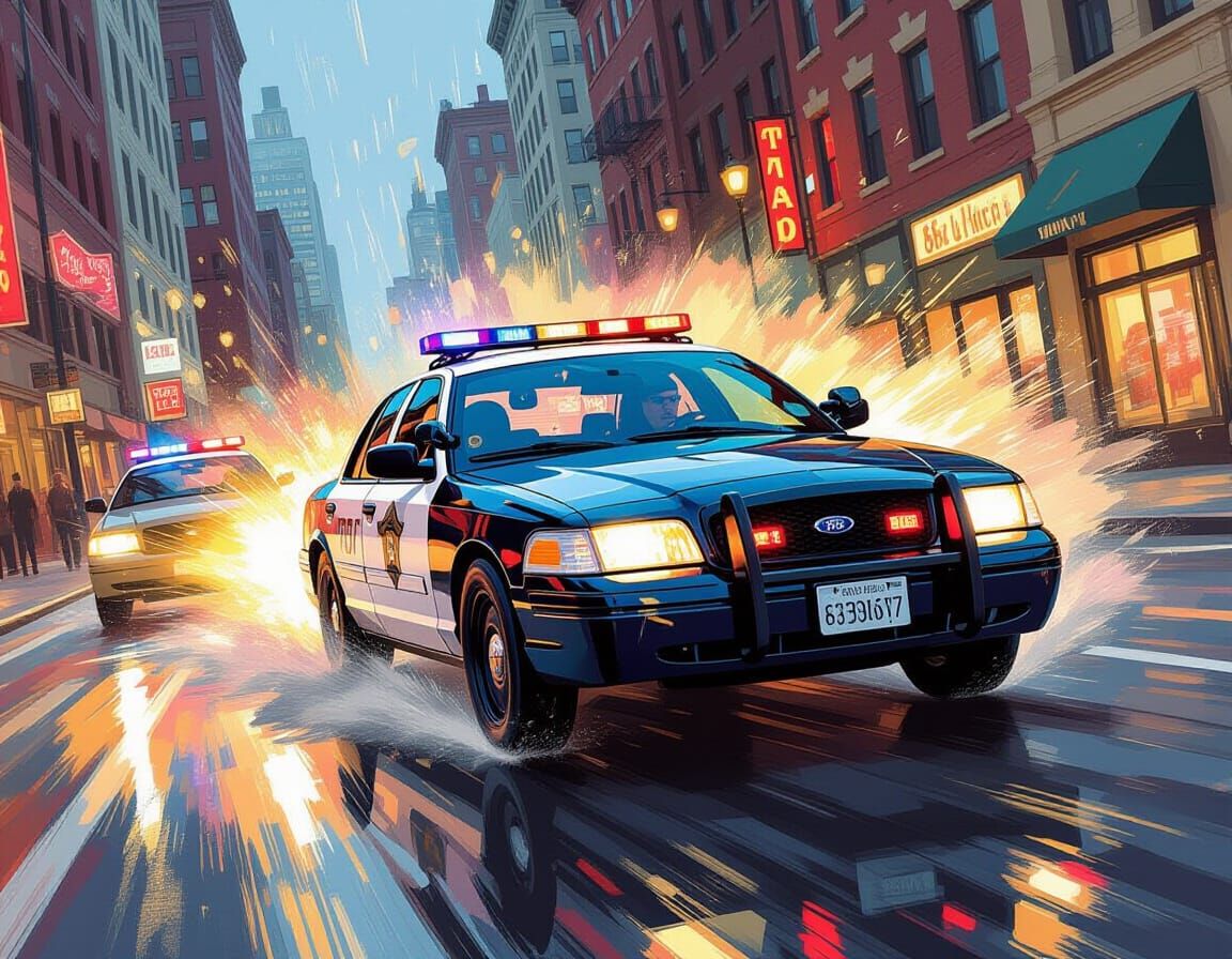 Police Car Chase in Vivid Gouache and Oil Style
