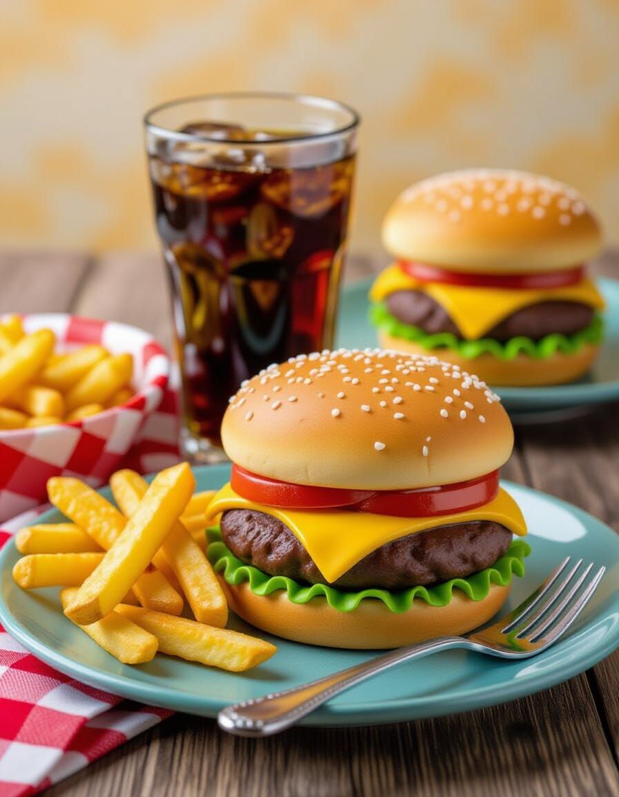 Cheeseburger and Fries in Bright Clay Art Style