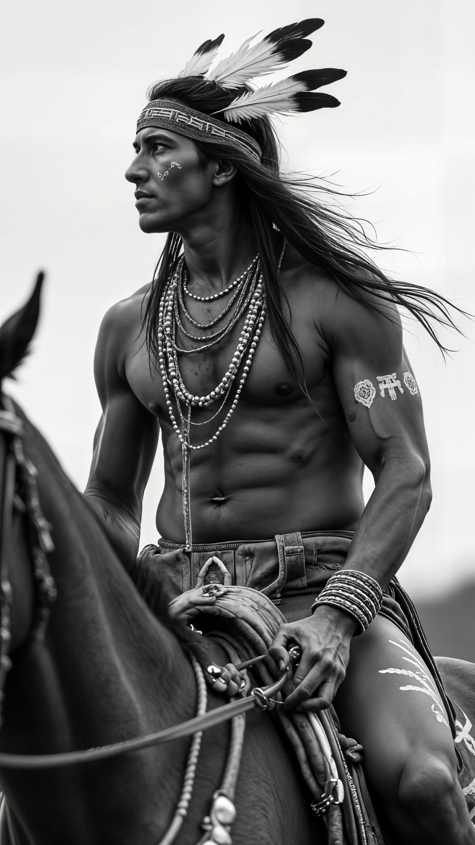 Native American Warrior in War Paint Rides Horse with Tribal...
