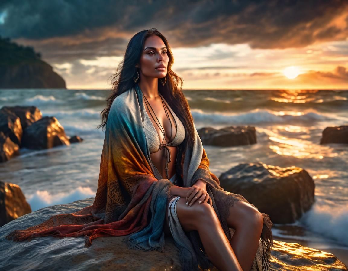 Woman Watching Sunset on Beach in Renaissance Style