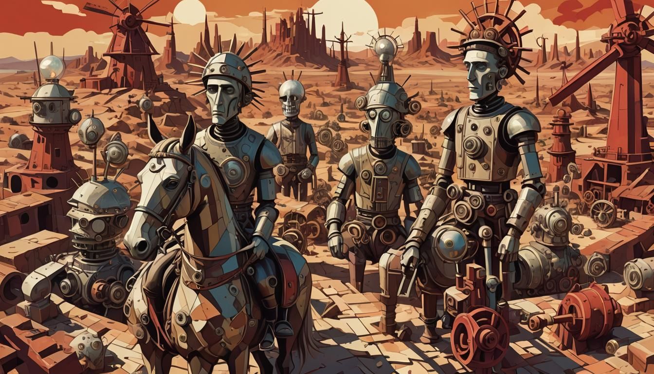 Eccentric Figures Ride into a Futuristic Desert Landscape