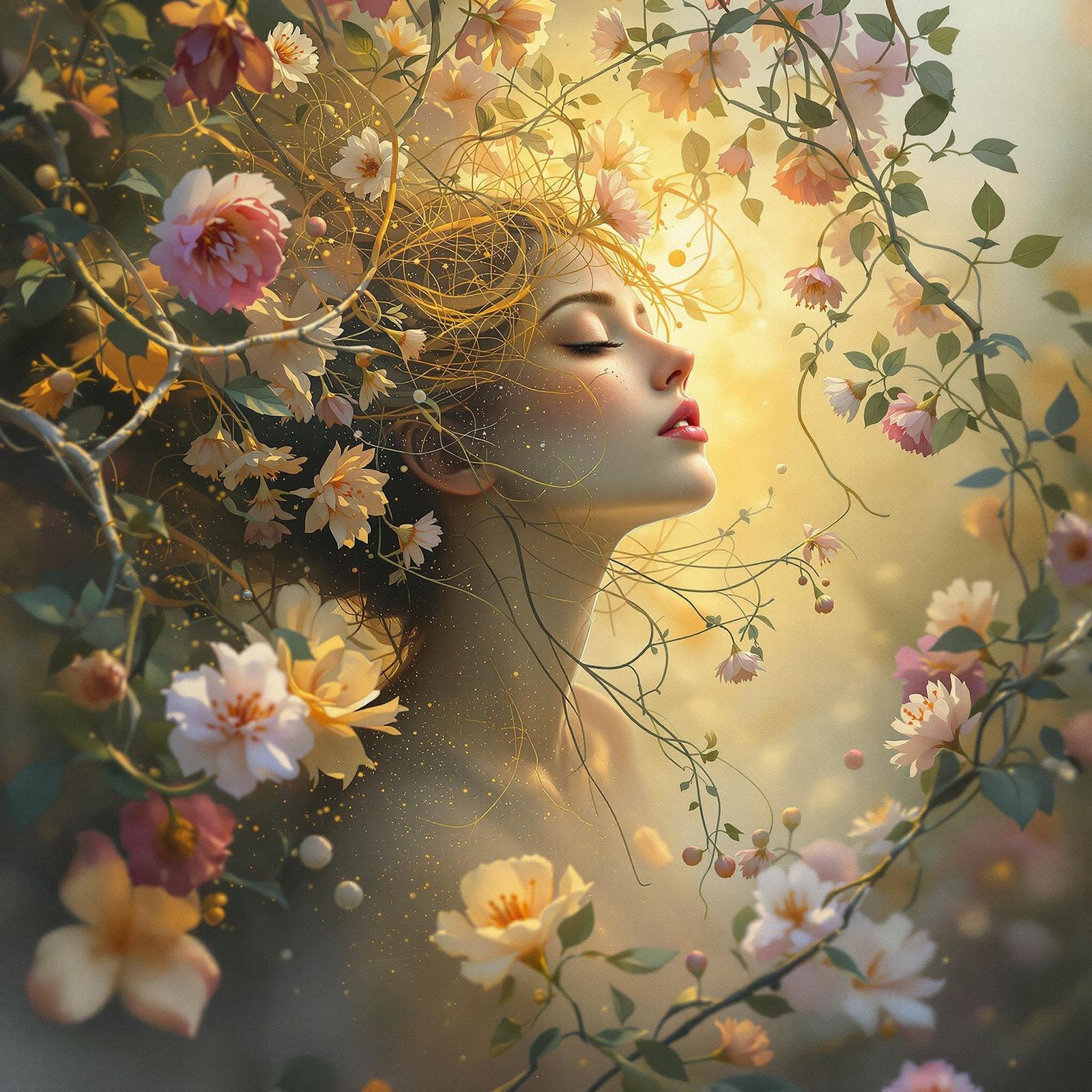 Mystical Woman Surrounded by Blooming Flowers in Golden Ligh...