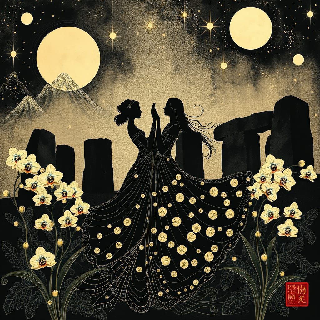 Ethereal Lovers Dancing Under Moonlight Among Geometric Orch...
