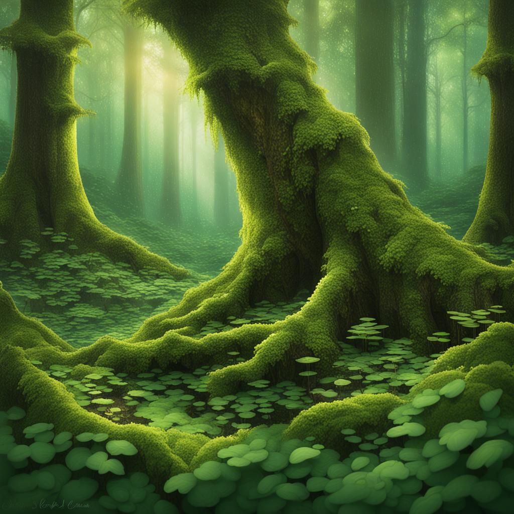 Mystical Forest Landscape with Dewy Ferns and Ancient Trees