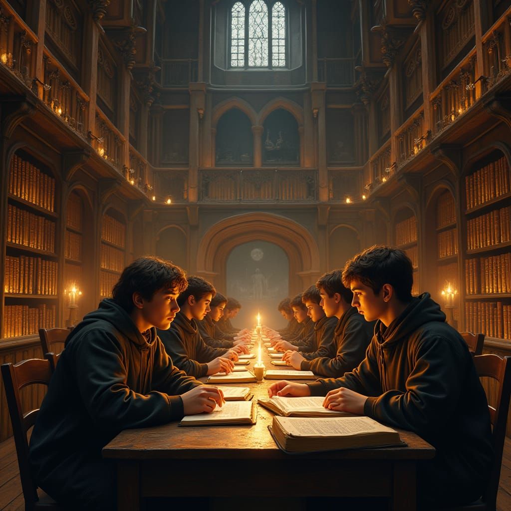 Hogwarts Library: Software Engineers Coding Magic, Oil Paint...