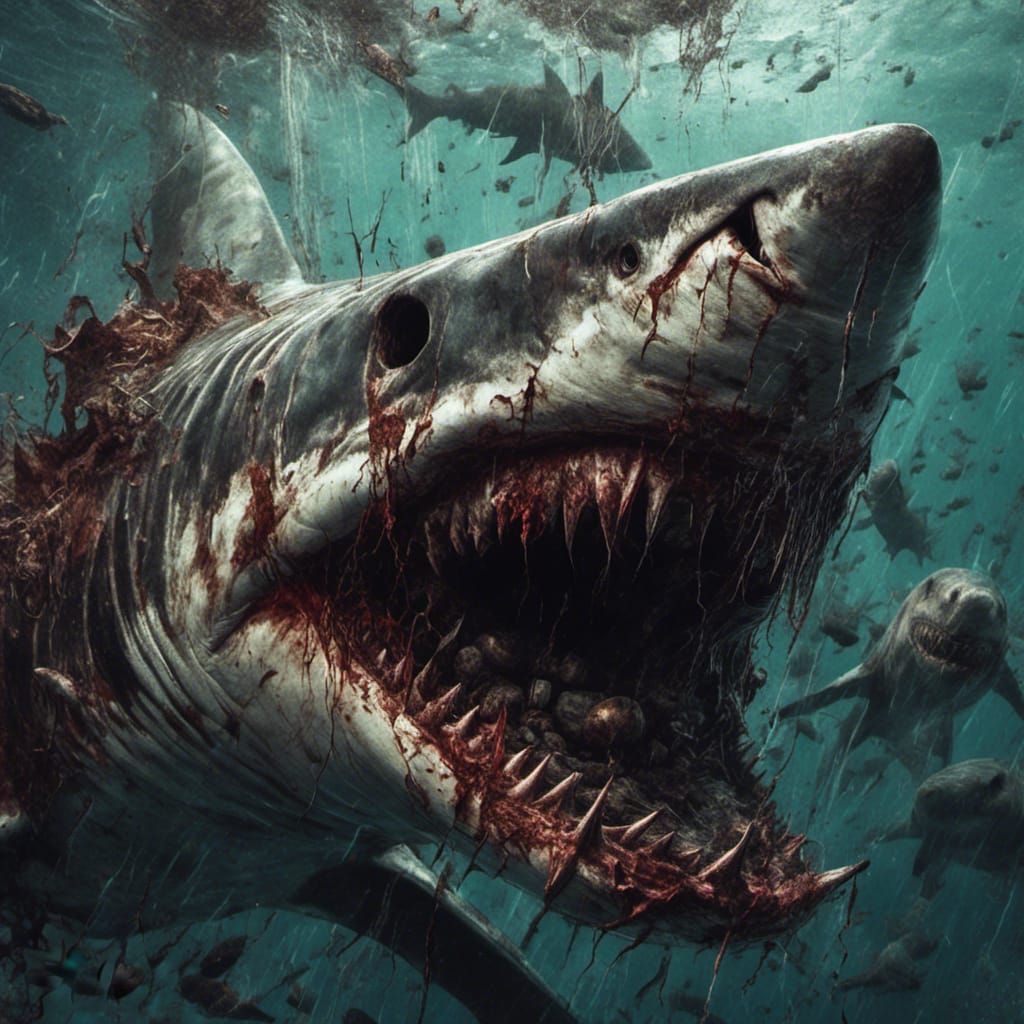 Gory Zombie Sharks in Hyperrealistic Splash Art