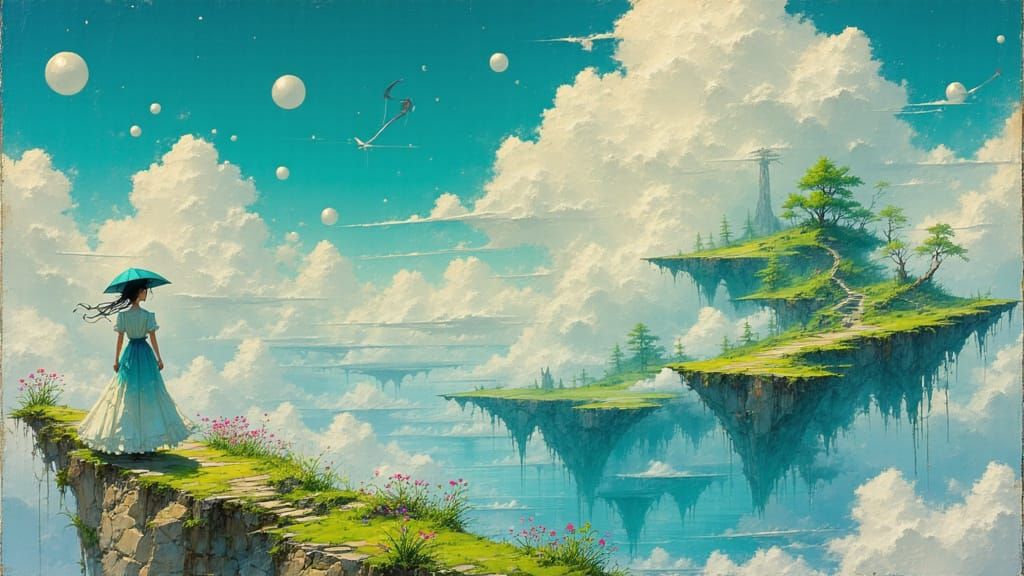 Surreal Floating Landscape with Crystal Bubbles