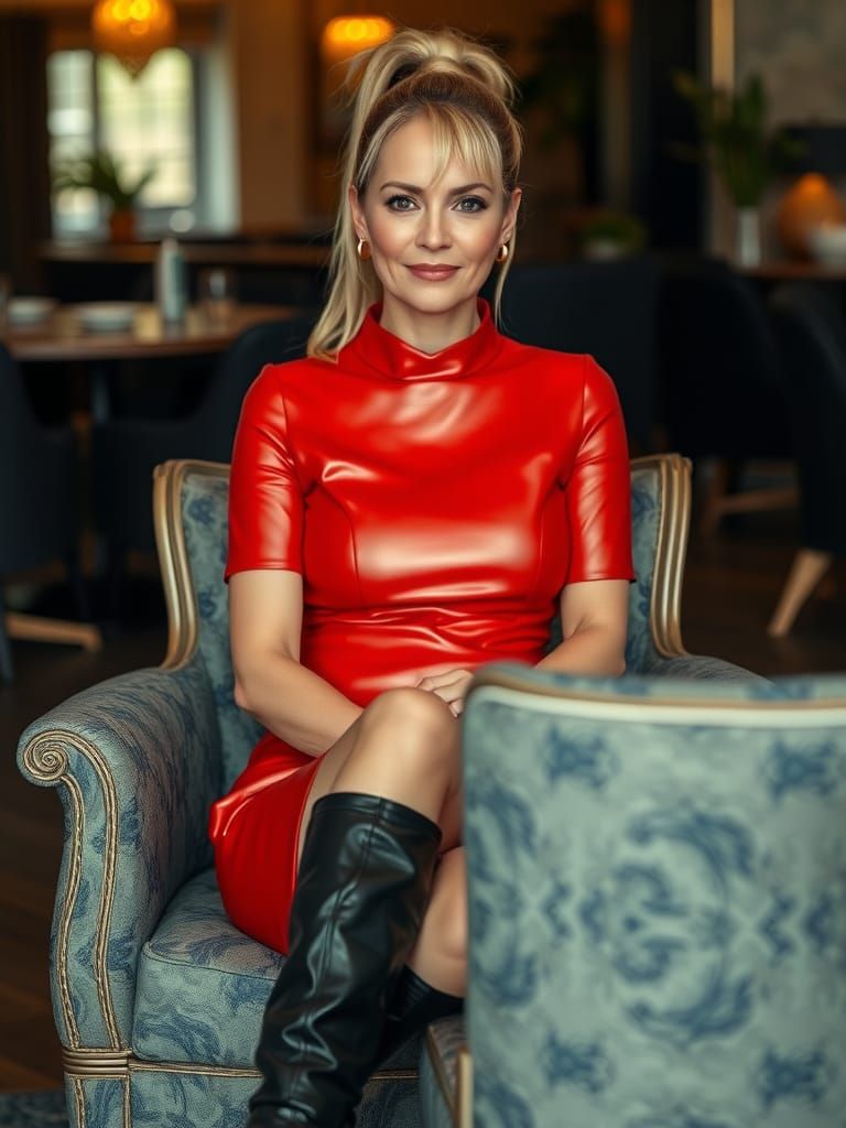 Confident Blonde Woman in Red Leather Dress, Sitting in Orna...