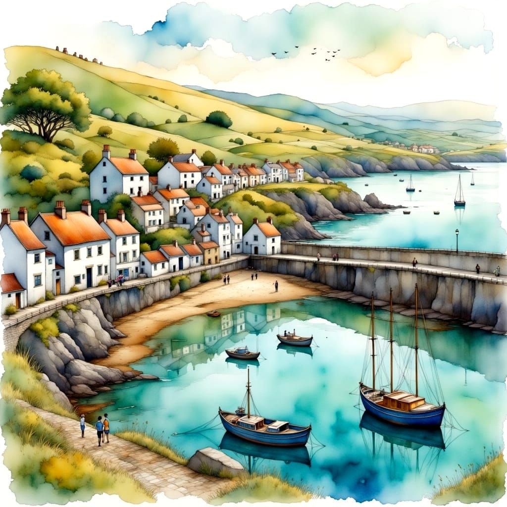Surreal Coastal Village in Whimsical Watercolor Style