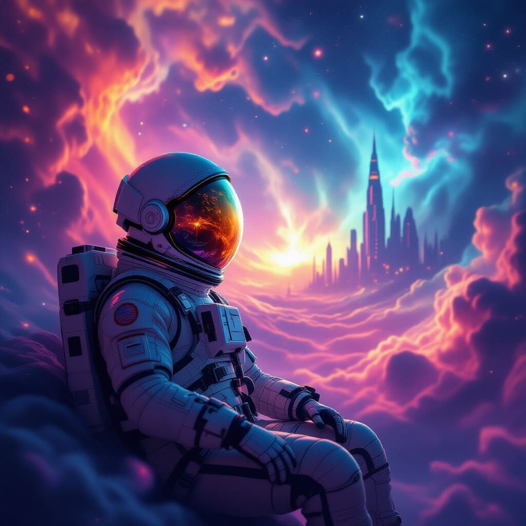 Astronaut Adrift in Nebula Reflecting Alien City