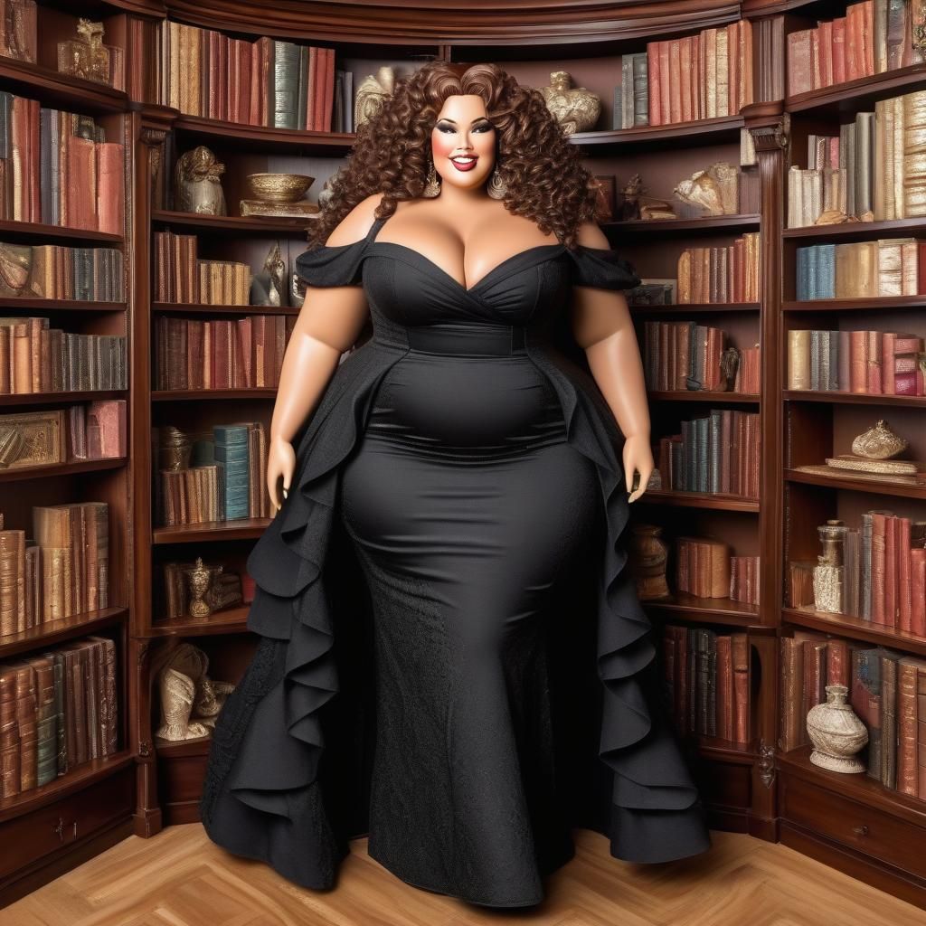 Elegant Bookshelf Featuring Plus-Size Female Figurines in Gl...